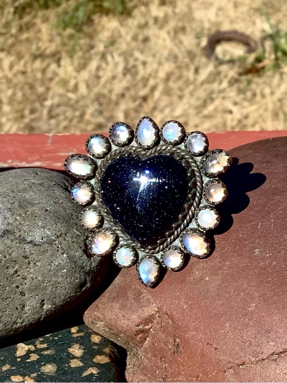 Blue Goldstone and Moonstone Sterling Ring